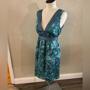 H&M Teal and Blue Sleeveless Peacock Feather Pattern Dress Sz 10